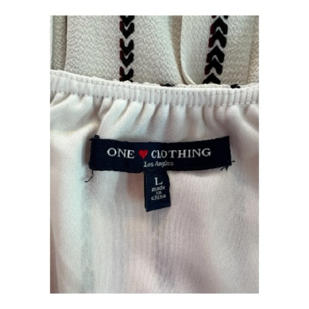 EUC One Clothing ivory & brown striped wide leg jumpsuit w/ belt | size large - Picture 11 of 12